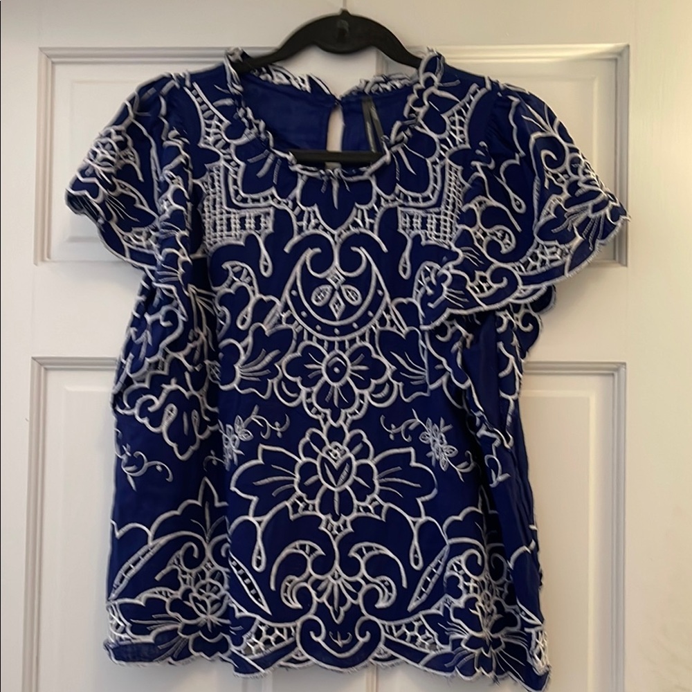 Anthropologie Blue and White Embroidered Short-Sleeve Blouse